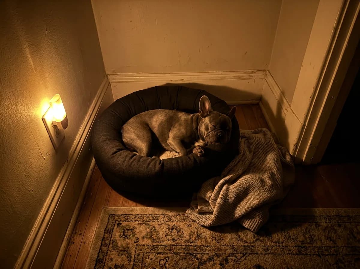 Gray French bulldog curled asleep in a dark round dog bed beside a glowing amber night light