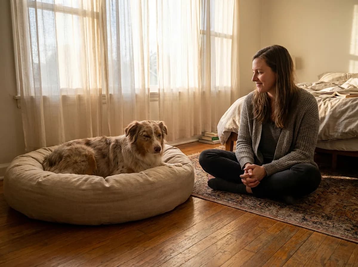 Woman sitting cross-legged on a bedroom floor a few feet from an Australian shepherd resting in a round dog bed