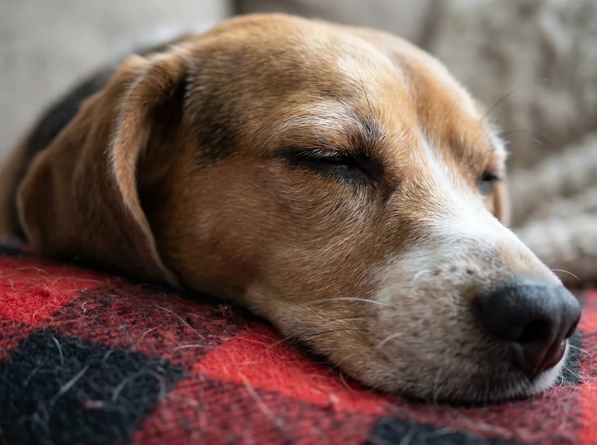 Close-up of a sleeping beagle's face with closed eyes resting on a red and black plaid blanket