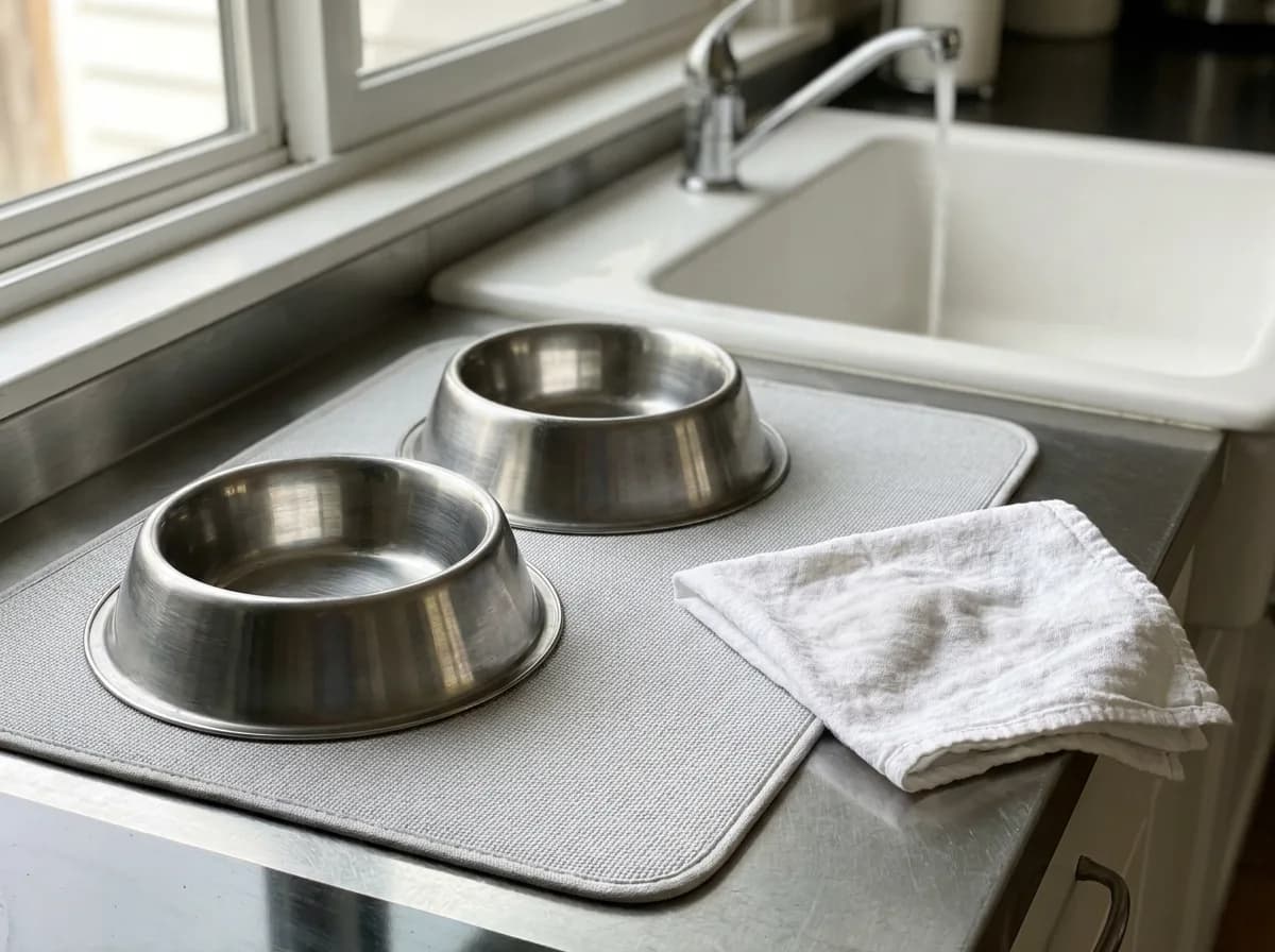 Two clean stainless-steel dog bowls and a folded white cloth on a washable mat.