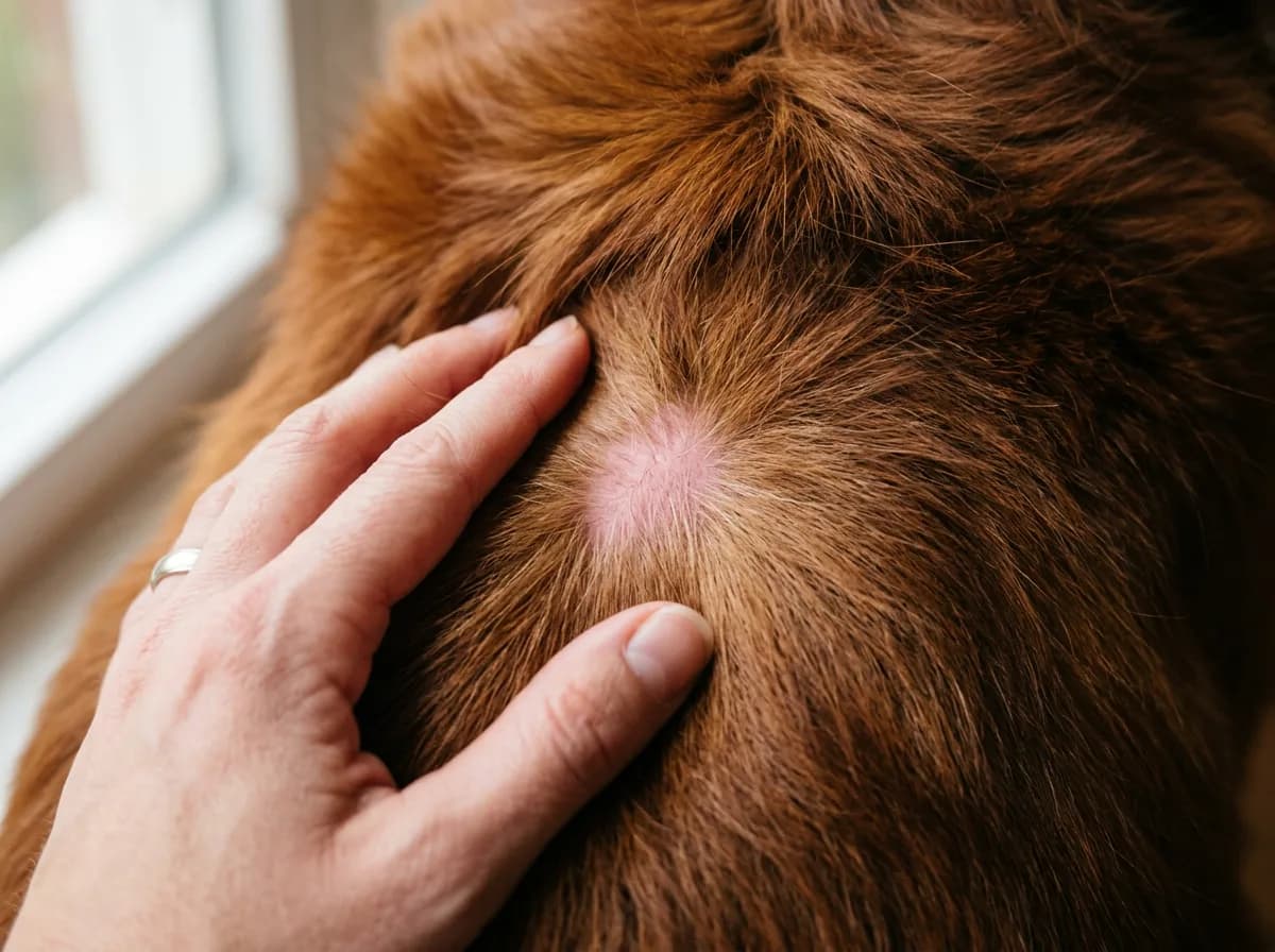 A hand parting a dog's fur to reveal the healthy skin barrier underneath