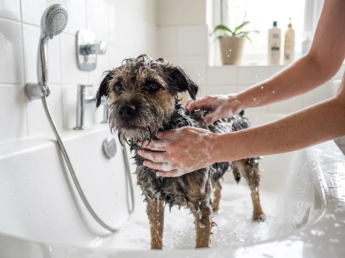A wet terrier being lathered with dog shampoo suds in a bathtub by two hands