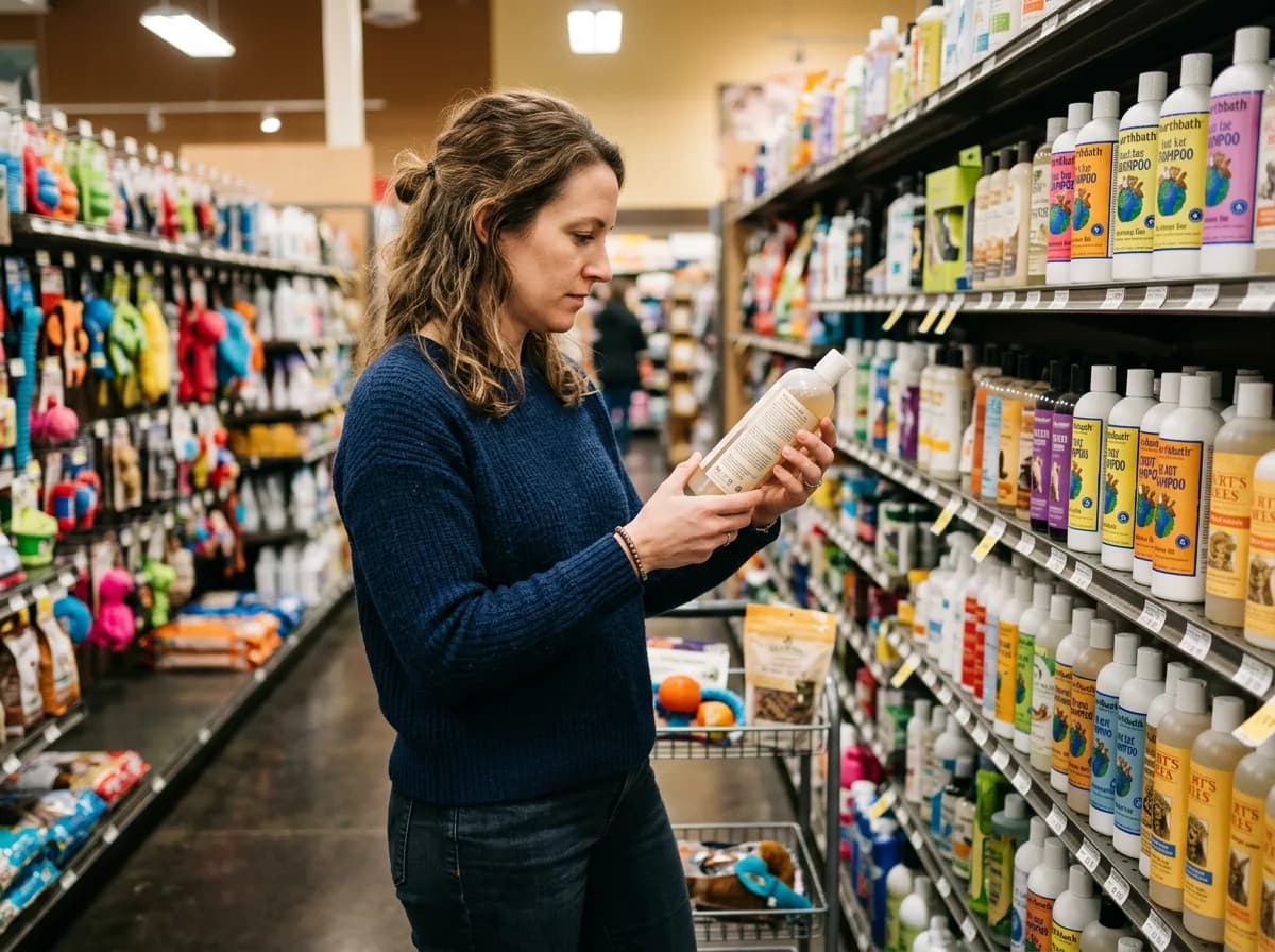 A person reading the ingredient label on a dog shampoo bottle in a pet-store aisle