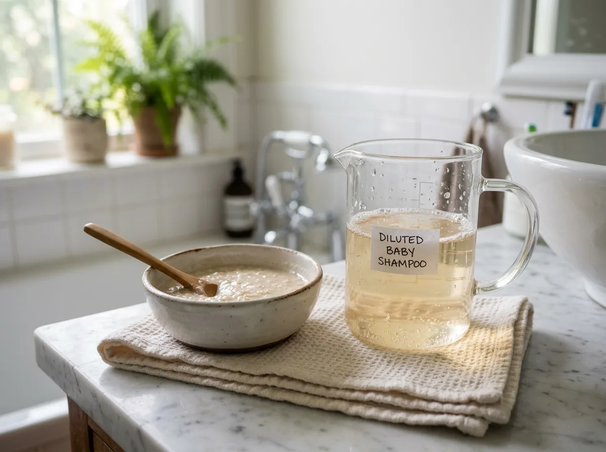 A bowl of colloidal oatmeal and a jug of diluted baby shampoo on a towel as DIY dog-bath substitutes