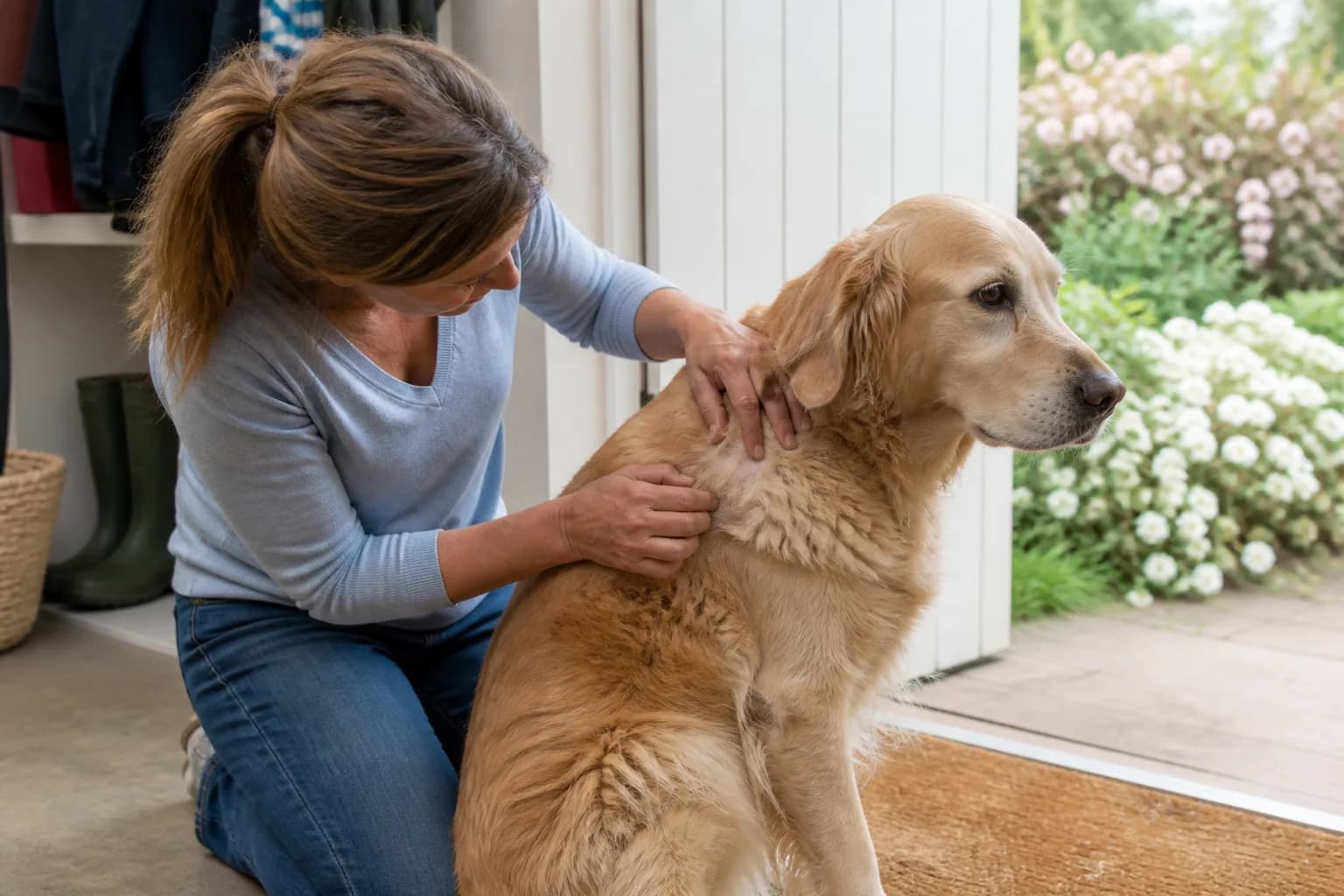 Dog owner checking a beagle's skin during a calm home observation