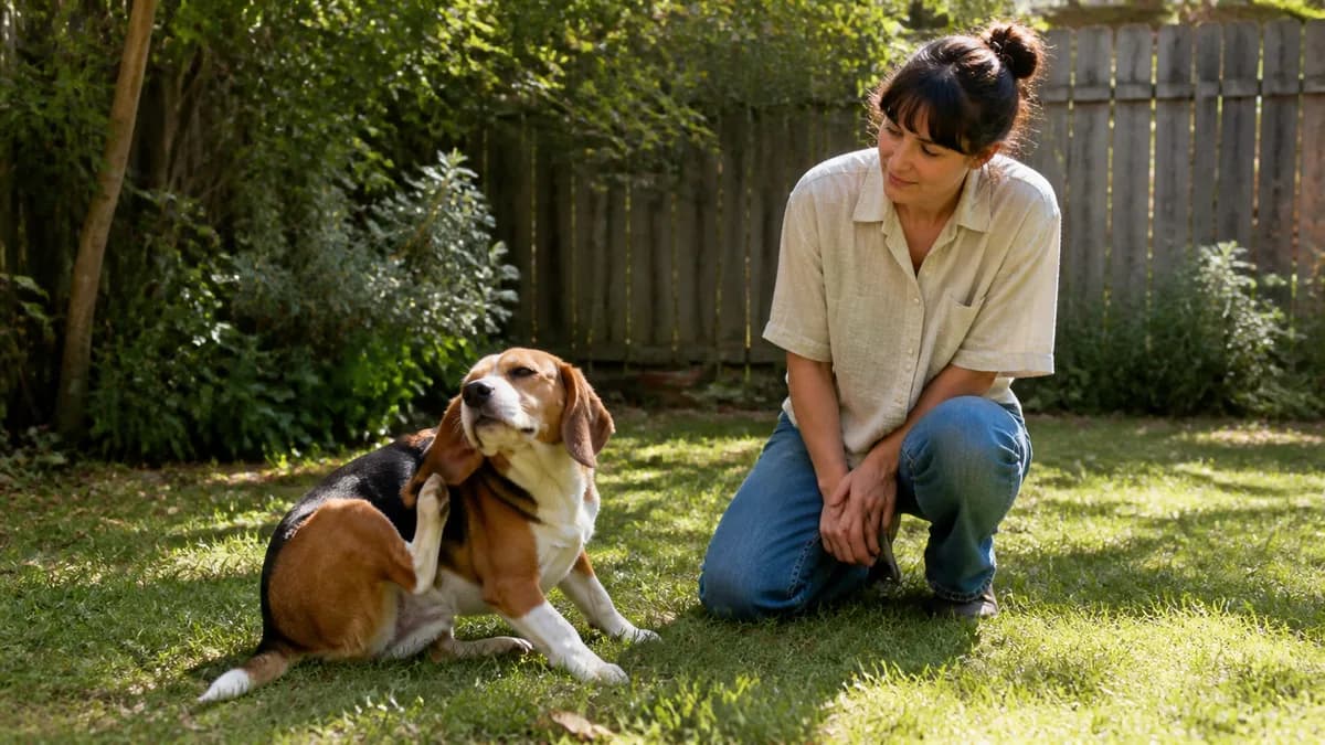 Beagle scratching in a backyard while its owner observes the pattern