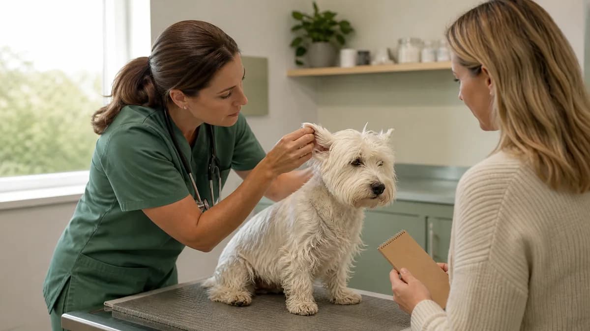 Veterinarian examining a West Highland terrier's ear while the owner shares an itch log