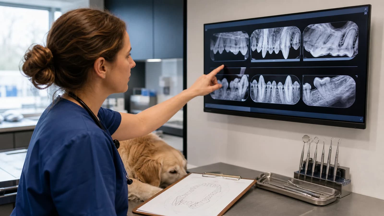 Veterinarian reviewing canine dental radiographs that may reveal hidden disease before finalizing a treatment estimate