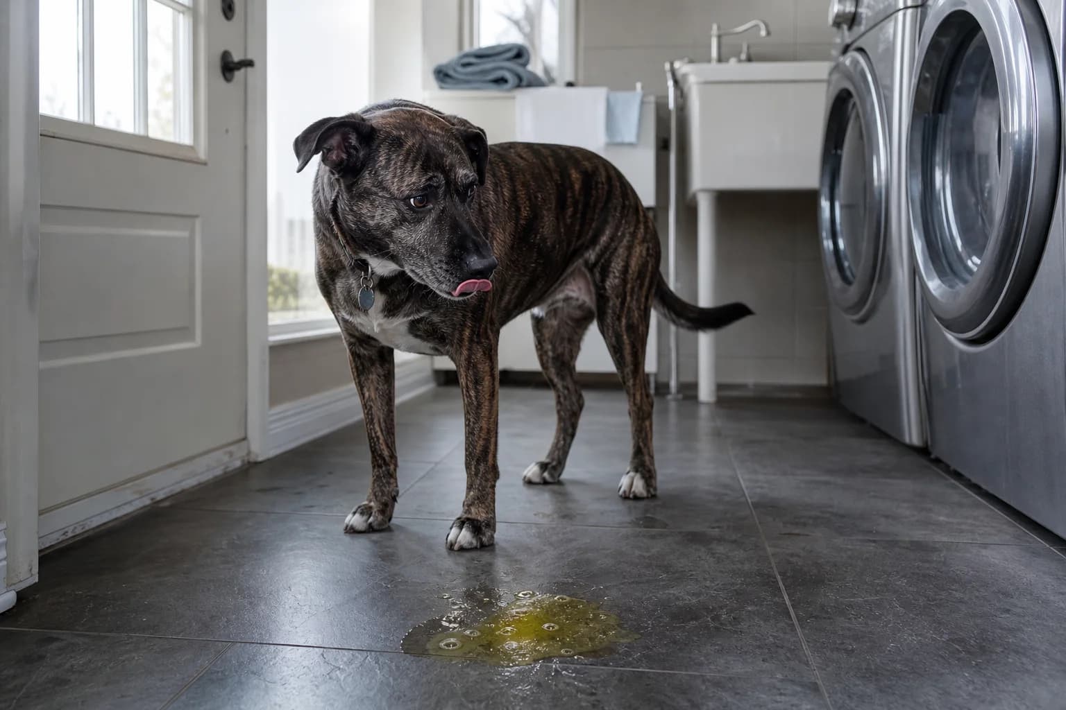 A brindle mixed-breed dog looking at a small puddle of yellow bile on a laundry room floor
