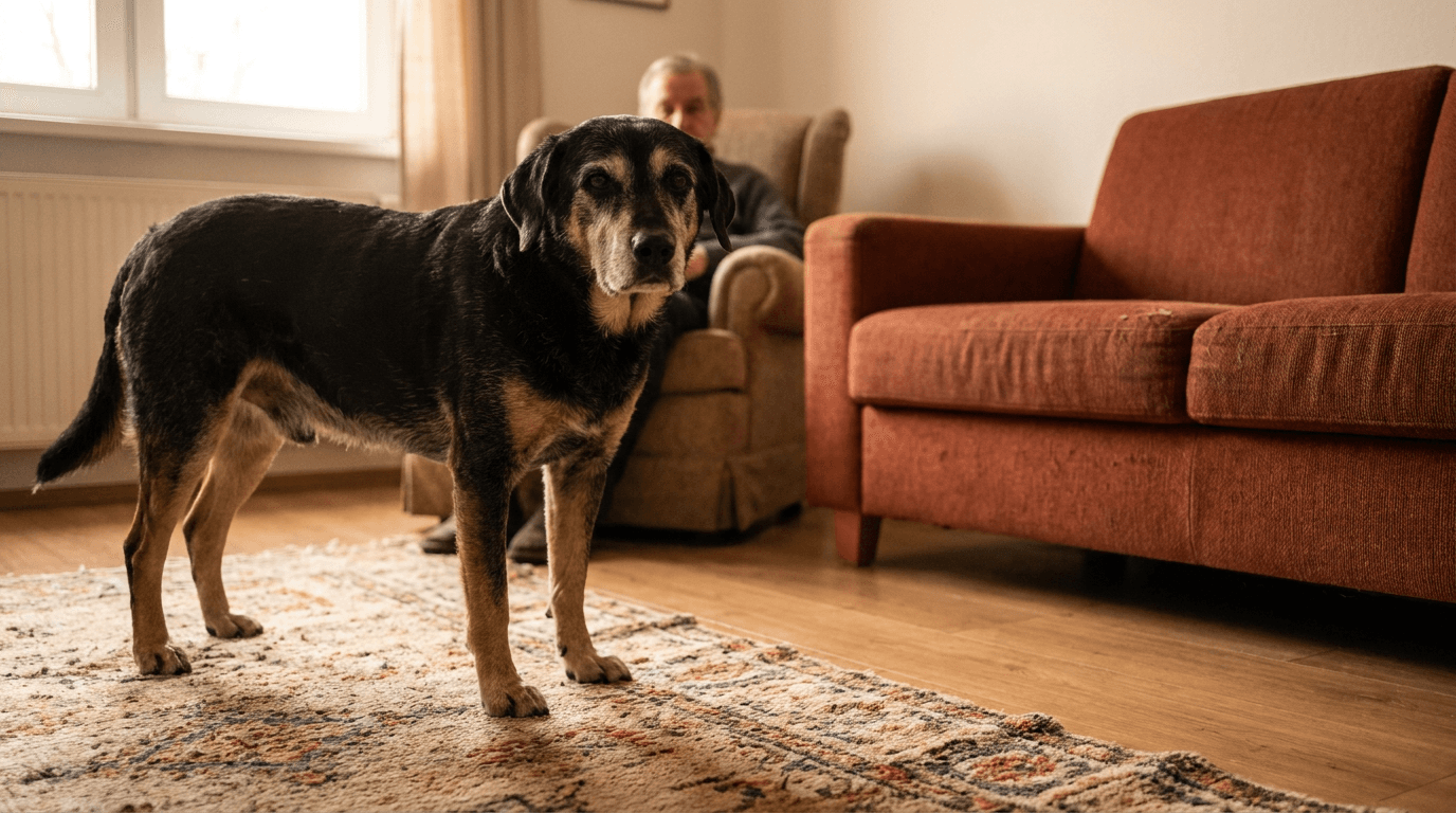 A black-and-tan dog stands on a rug beside a rust-colored sofa.