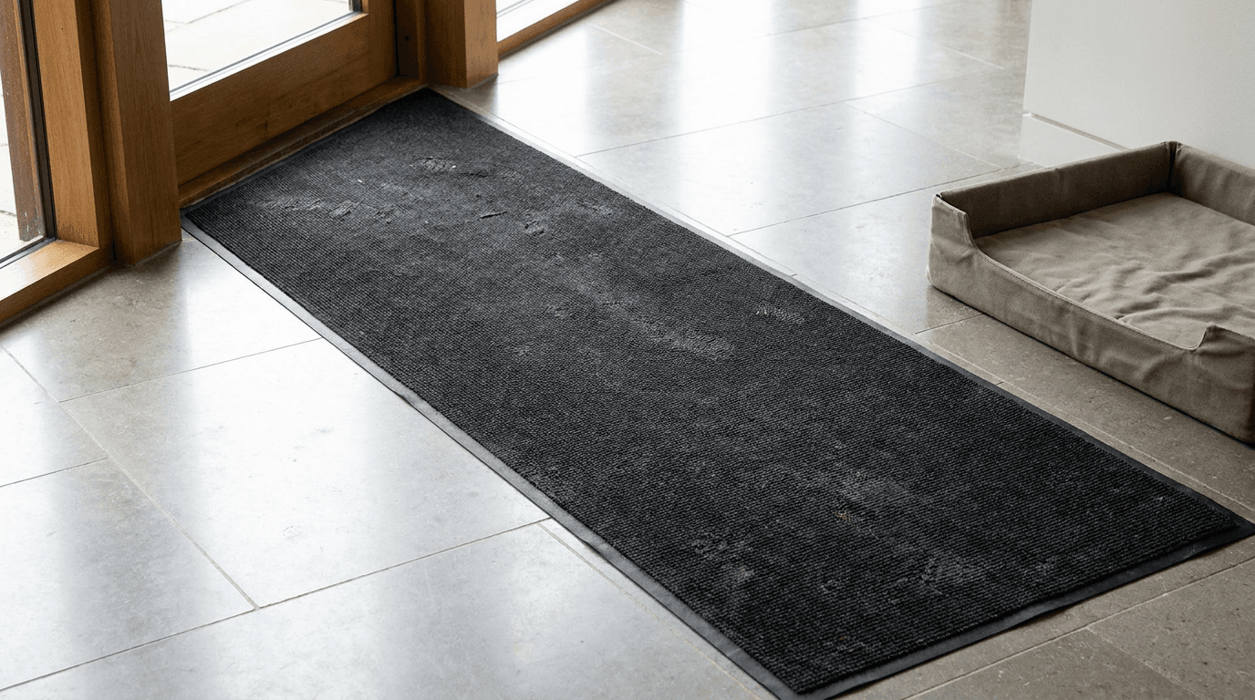 A flat dark runner crosses a tiled floor beside a low dog bed.