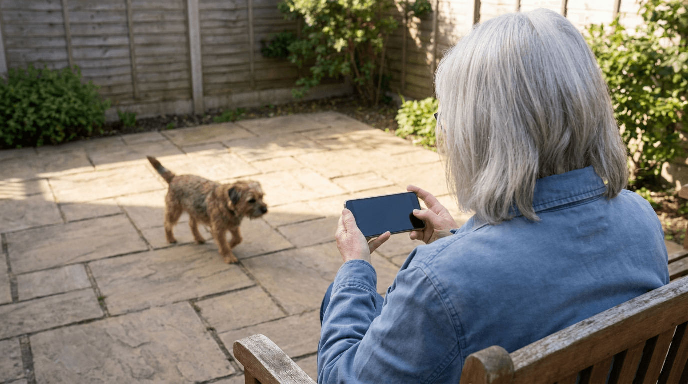 An owner holds a phone toward a small dog walking across a level patio.