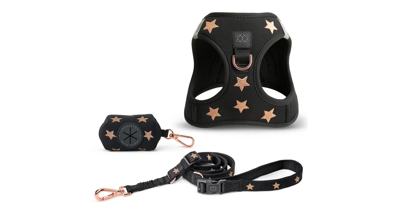 The DOGISTRY Rockstar three-piece walking set with SoHo harness, City Leash, and poop-bag holder