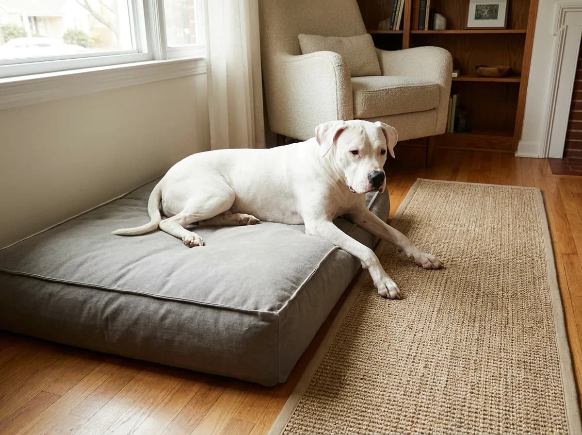 White dog resting on a low bed beside a clear floor runner.