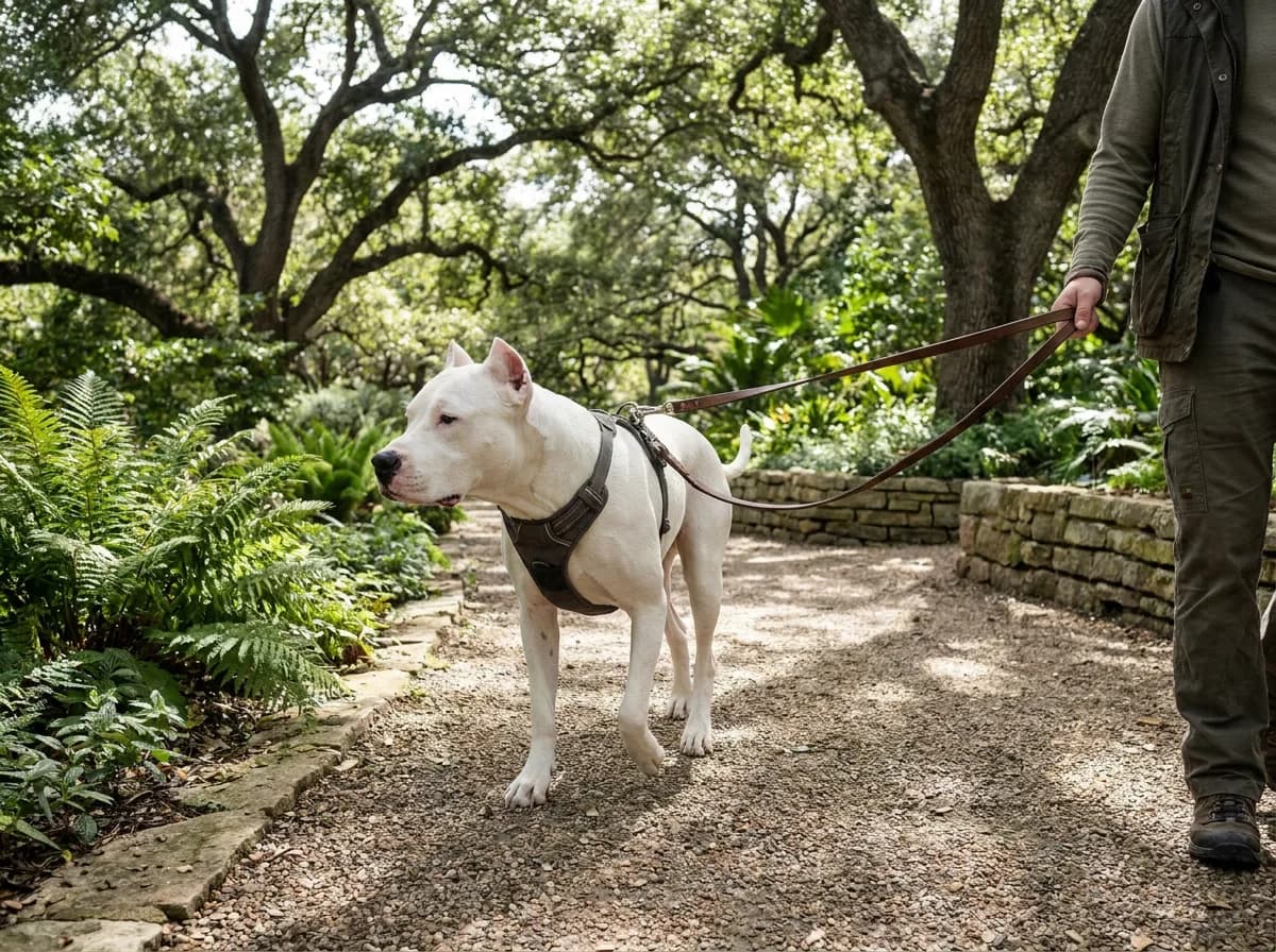 White Dogo Argentino in a harness beside a handler on a garden path.