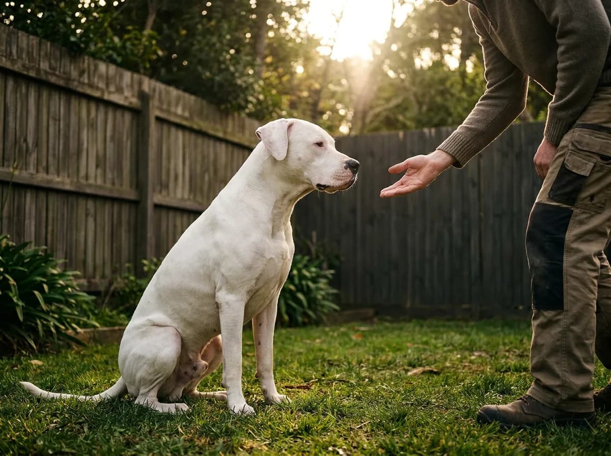 White dog watching an adult’s open hand in a fenced garden.