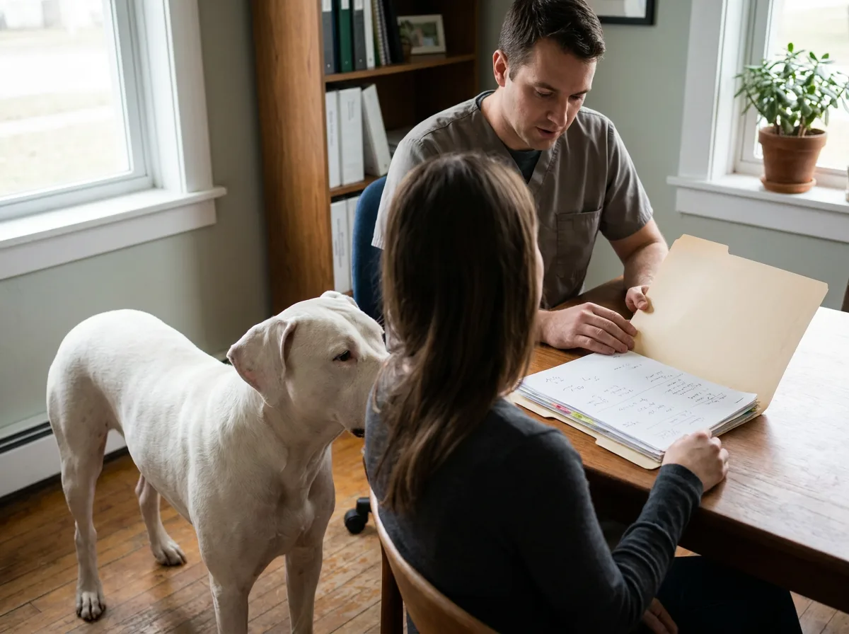 Two adults reviewing an open folder beside a standing white dog.