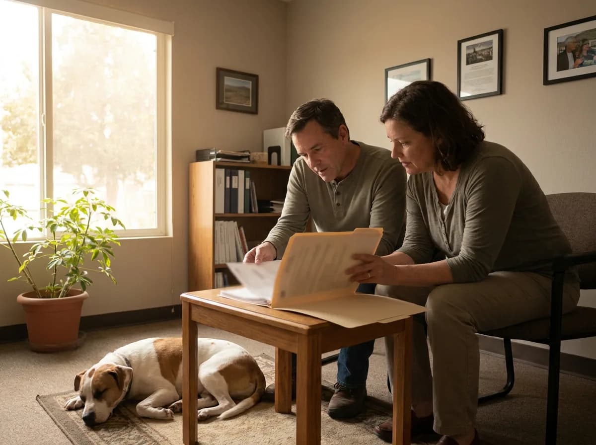 Two adults discussing a folder while a dog rests beside the table.