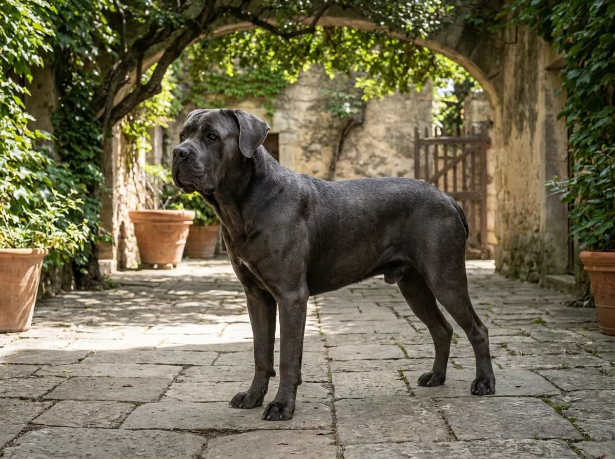 Grey Cane Corso standing in a courtyard with its full body visible.