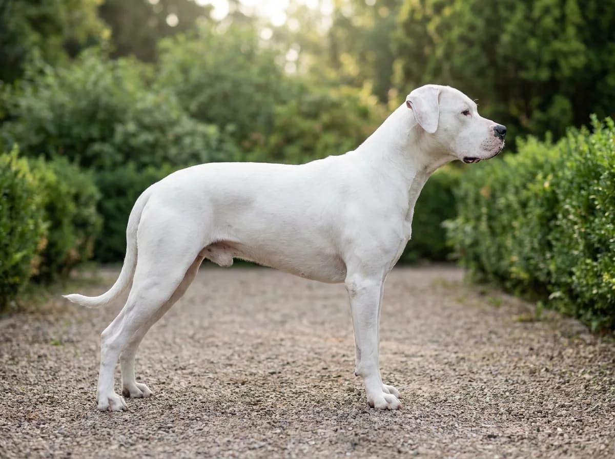 White Dogo Argentino standing in side profile with natural ears.