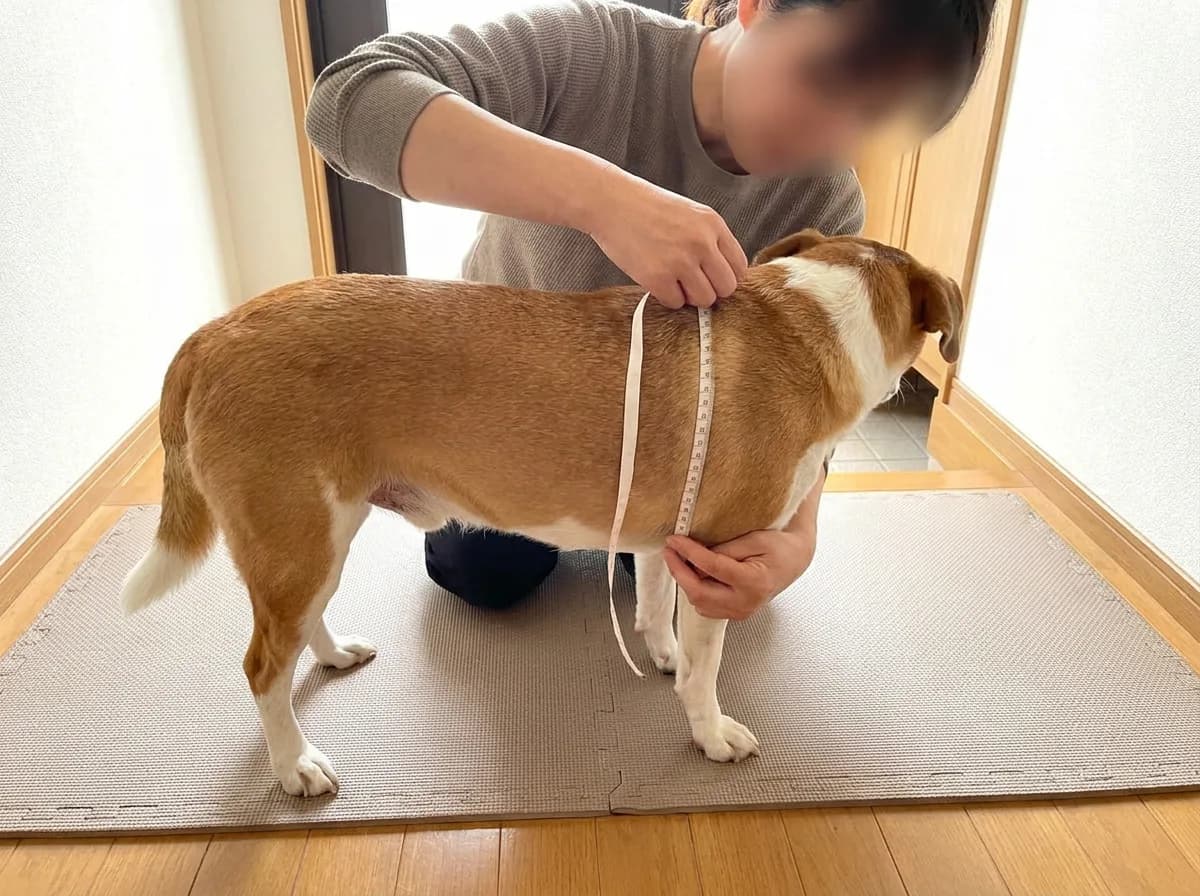 Adult holding a flexible measuring tape around a tan-and-white dog’s chest.