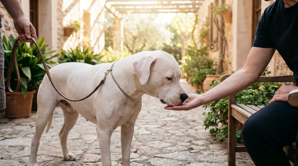 White Dogo Argentino sniffing an adult’s open hand in a courtyard.