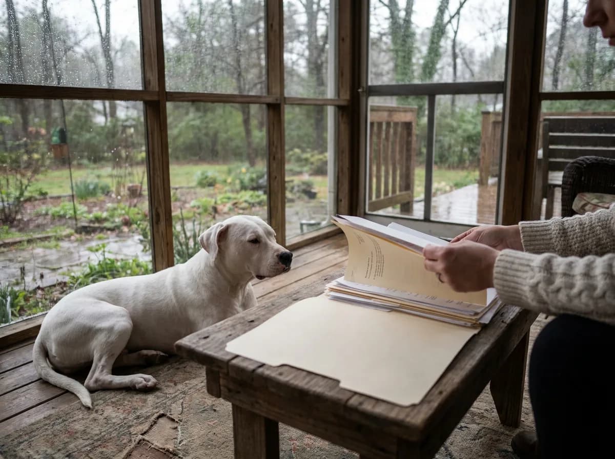 A person reviewing a folder beside a resting white Dogo Argentino.