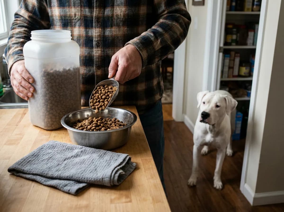 An adult scooping dog food beside a bowl while a white dog waits near a doorway.