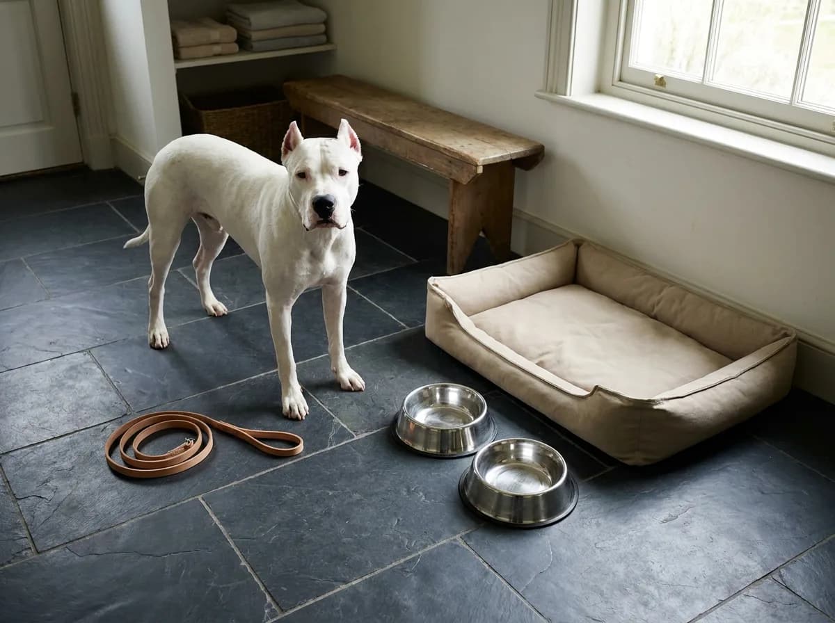 White Dogo Argentino beside a lead, two bowls and a dog bed.