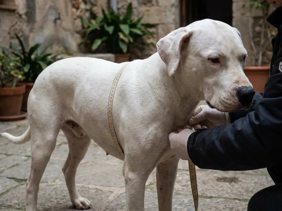 A flexible measuring tape around a Dogo Argentino’s rib cage behind the front legs.
