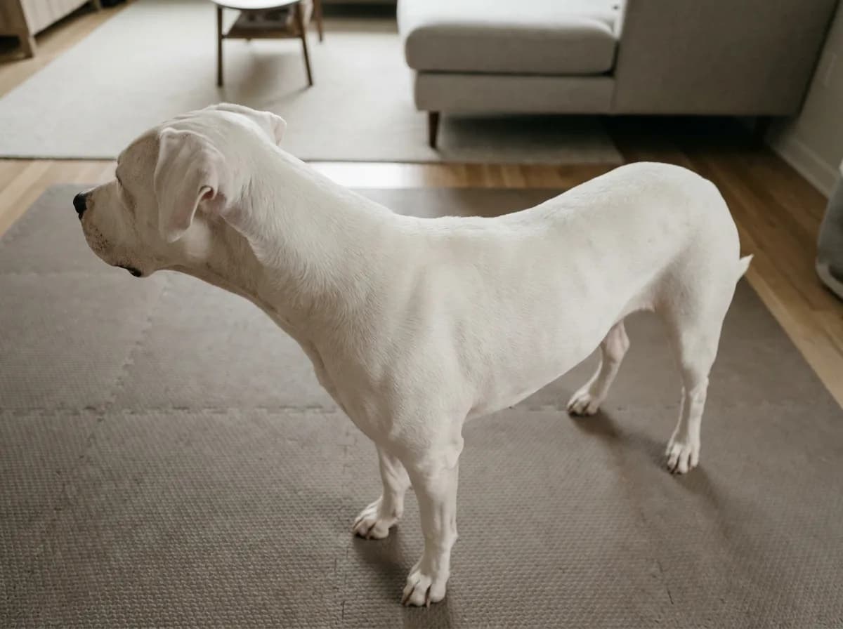Elevated view of a standing white Dogo Argentino’s torso and waist.