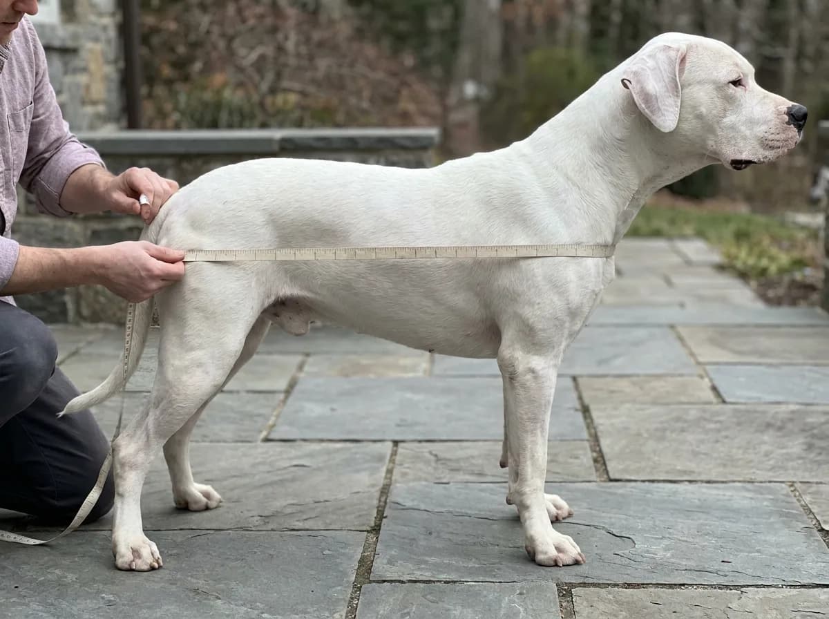 A tape held beside a standing Dogo Argentino for a body-length measurement.