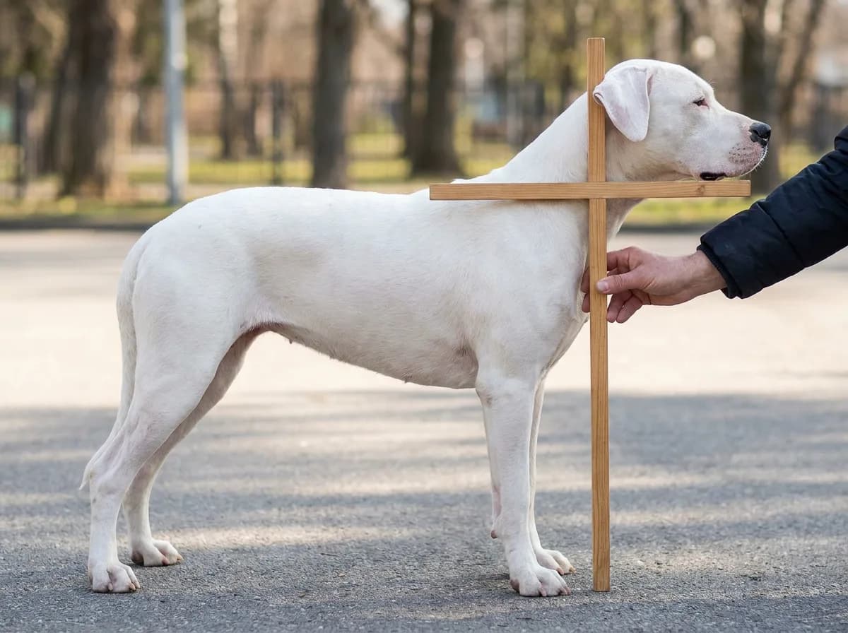 A Dogo Argentino standing beside a shoulder-height measuring stick.