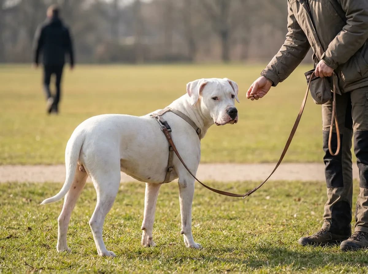 Handler offering a small food reward to a white dog on a loose lead