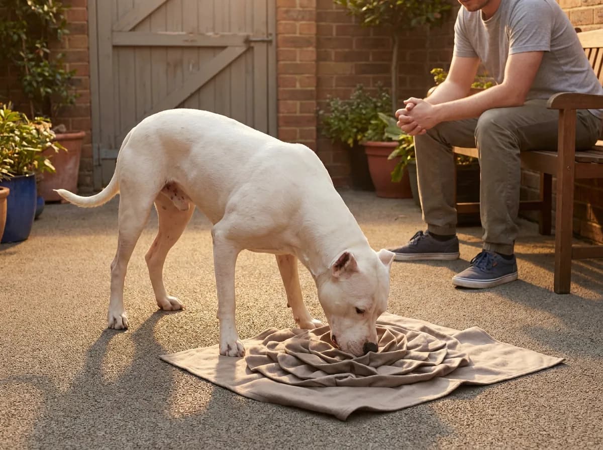 Adult supervising a white dog sniffing a fabric activity mat