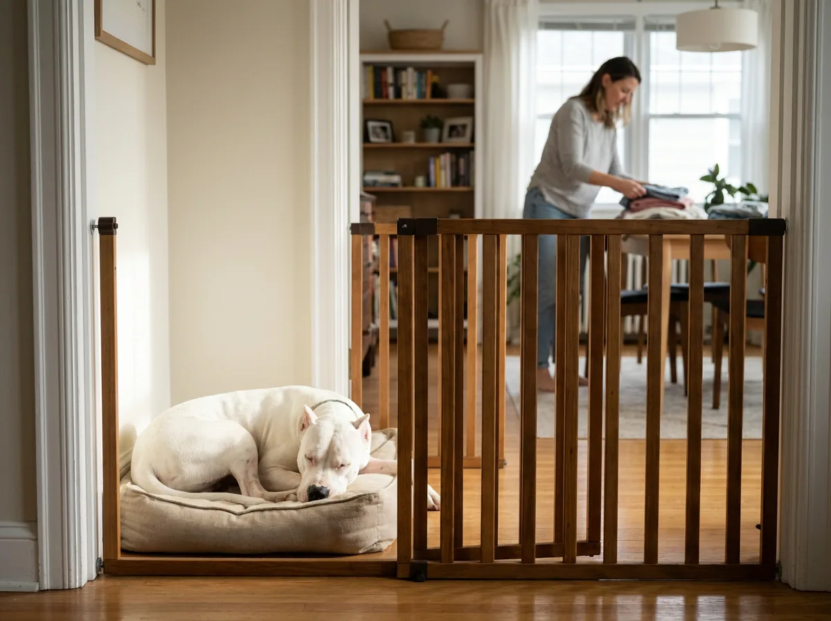 White dog resting on a bed behind a household gate