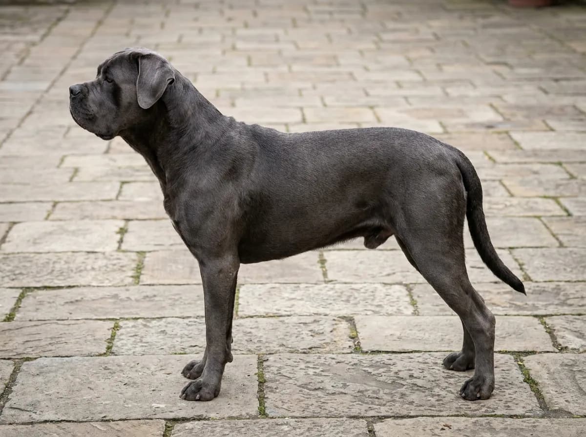 Grey Cane Corso standing in side profile on paving.