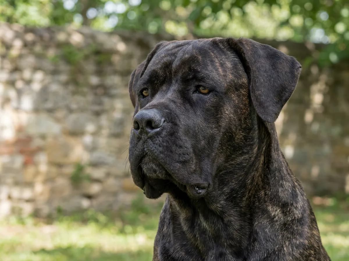 Close view of a brindle Cane Corso’s broad head and muzzle.