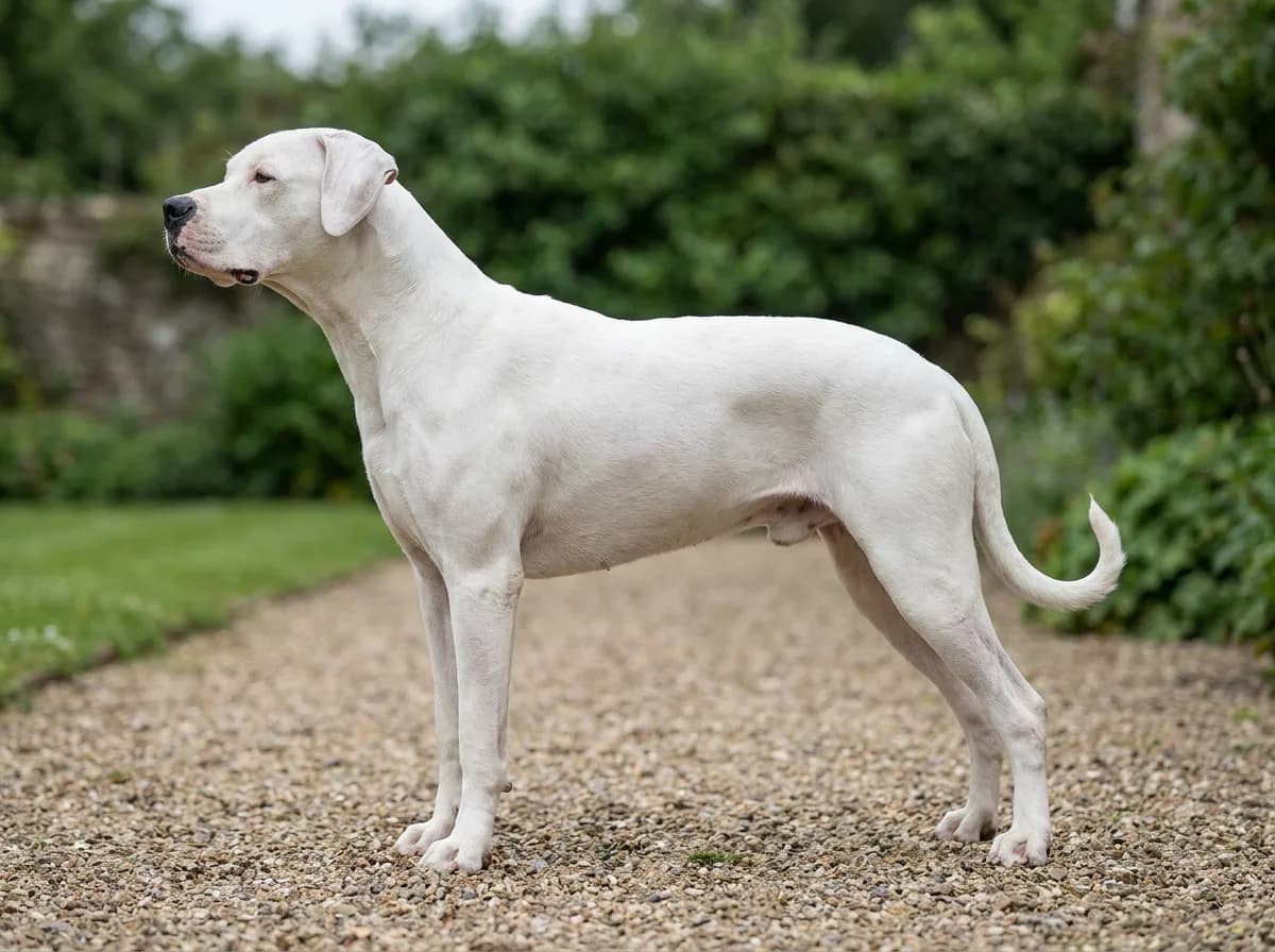 White Dogo Argentino standing in side profile on gravel.