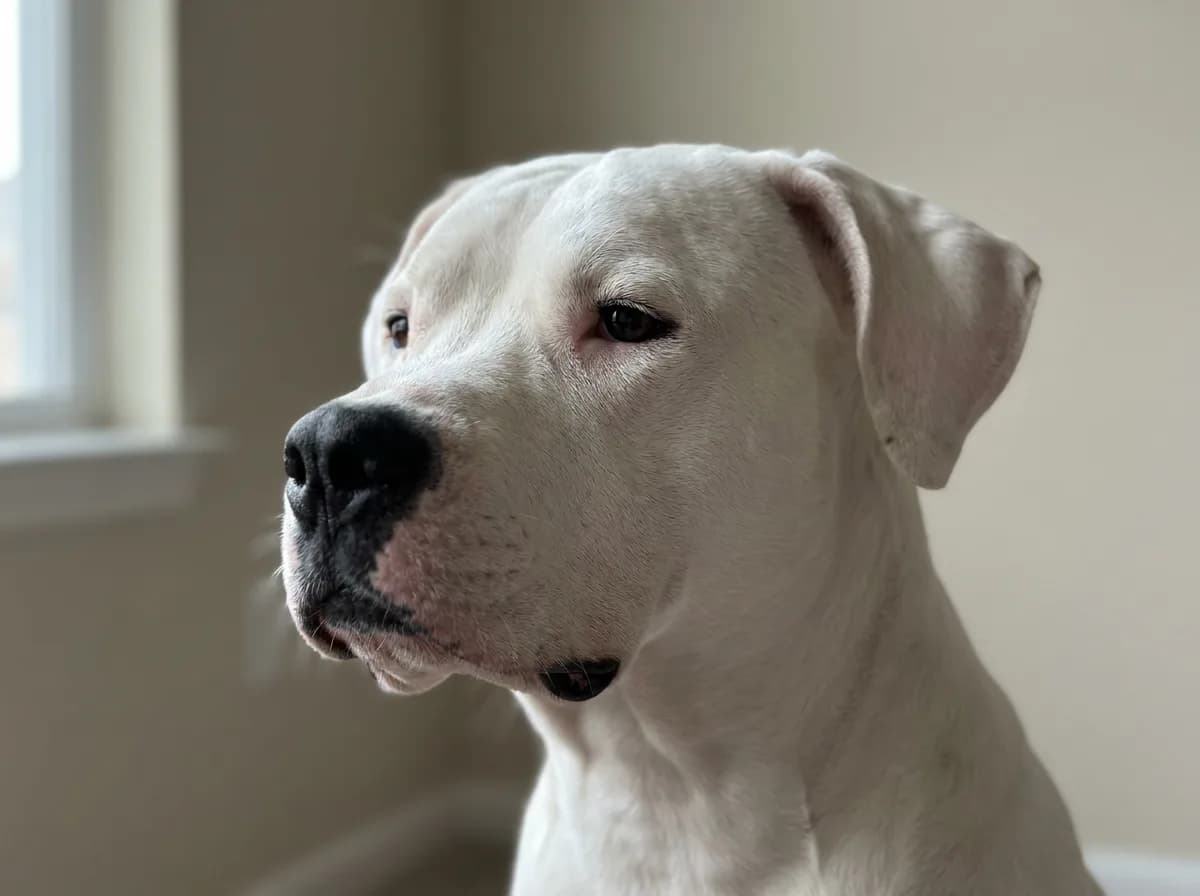 Close view of a white Dogo Argentino’s head and hanging ears.
