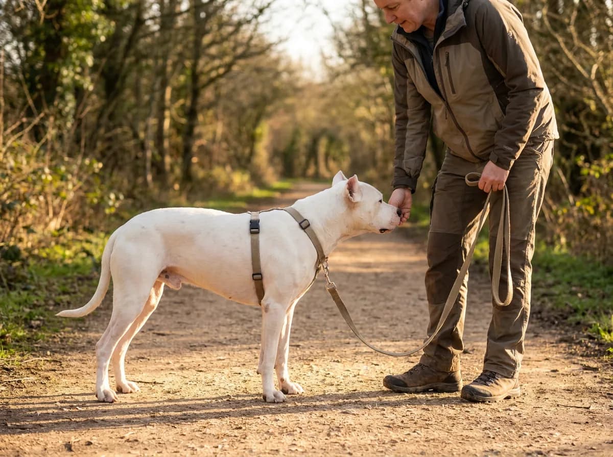 Adult offering a food reward to a white dog on a loose lead.