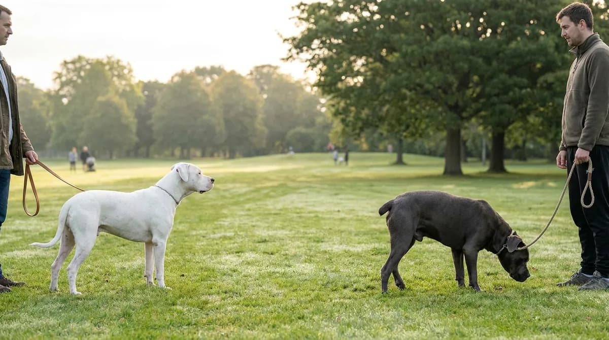 White Dogo Argentino and dark Cane Corso standing apart in a park with handlers.