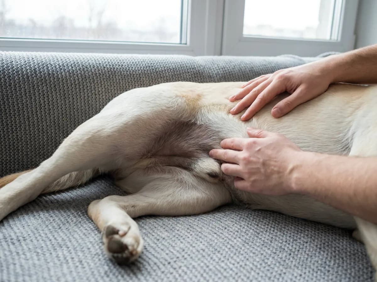 A person's hands rest on a cream-coated dog lying on a gray knit sofa by a window, with the darker, smooth skin of the groin area visible between the hind legs.