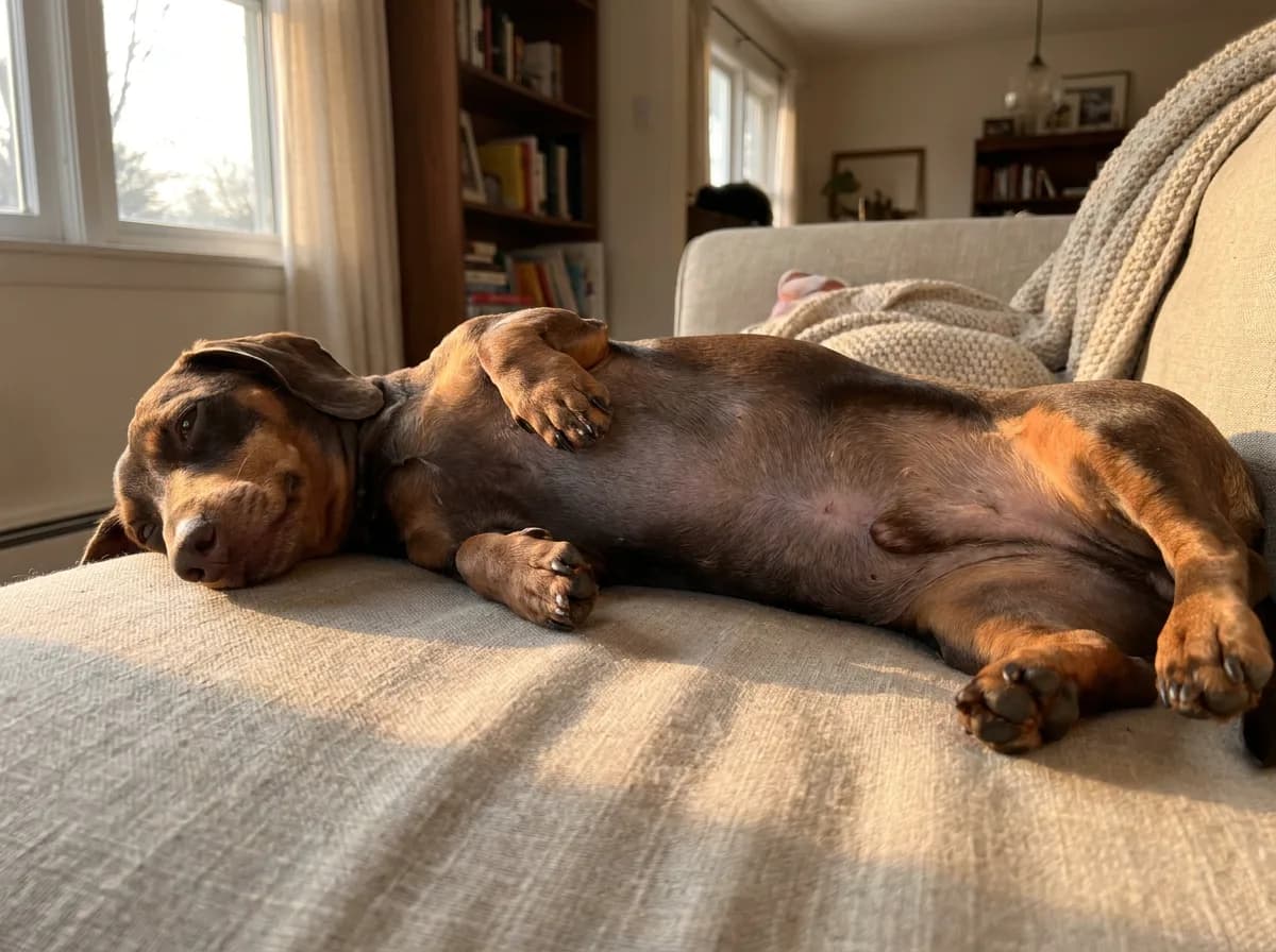 A chocolate-and-tan dachshund lies belly-up on a linen sofa in warm afternoon light, showing a slightly darker gray belly with thin fur and smooth skin.