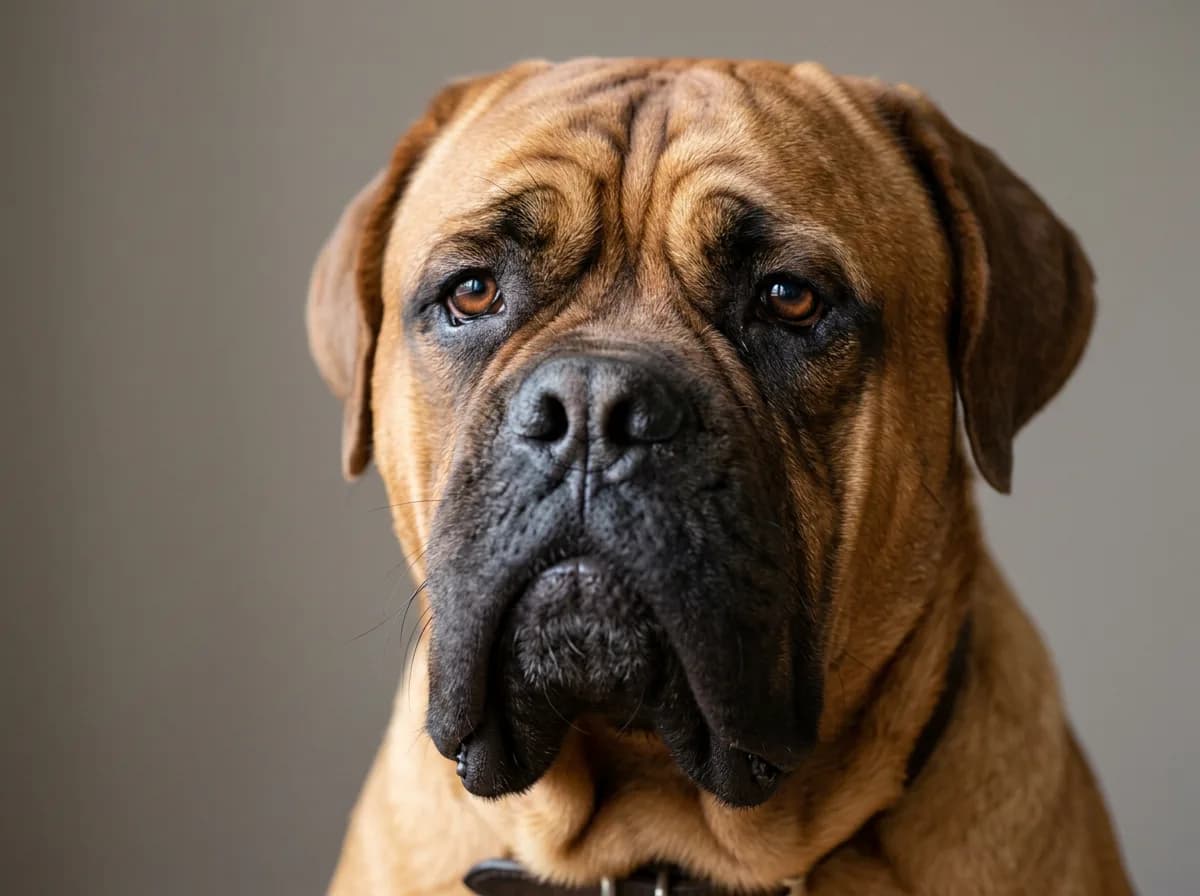 A close-up of a Dogue de Bordeaux head and face showing the deep wrinkles, dark mask, and wide-set oval brown eyes, filling the frame against a plain