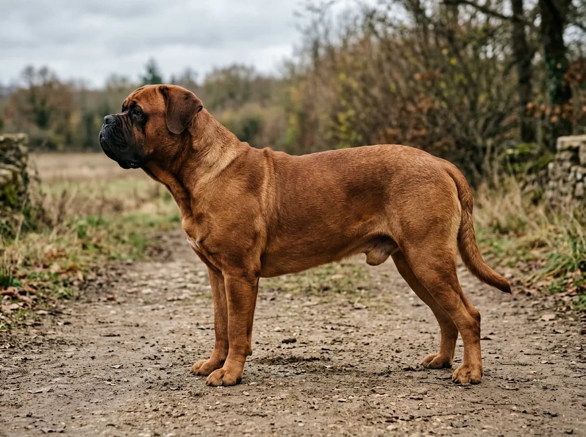 A full-body side view of a muscular mahogany Dogue de Bordeaux standing squarely on packed dirt, showing the broad chest, thick bone, and low heavy bu