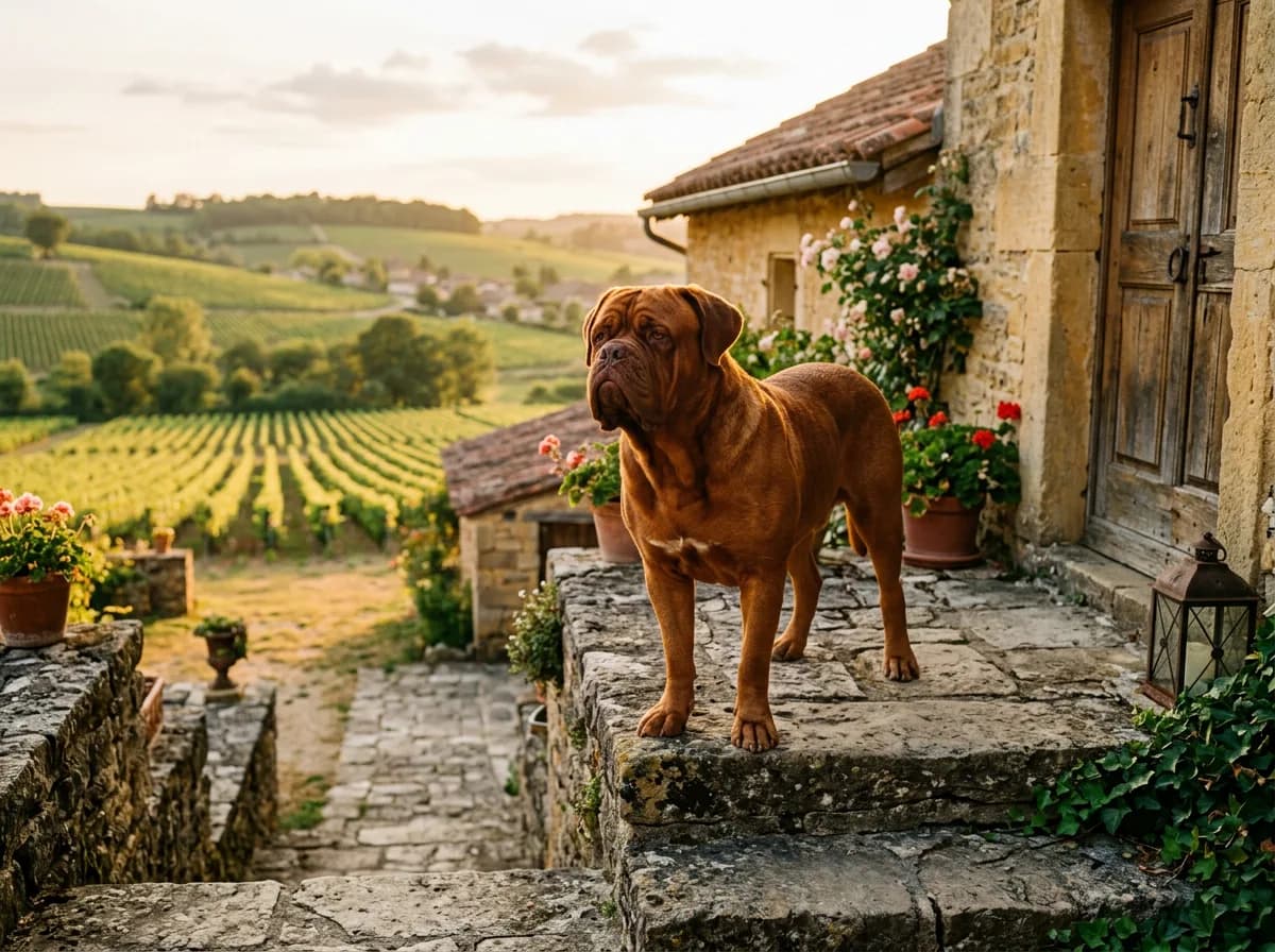 A Dogue de Bordeaux standing guard at the top of a stone farmhouse step in the French countryside, vineyard rows blurred in the background, warm golde