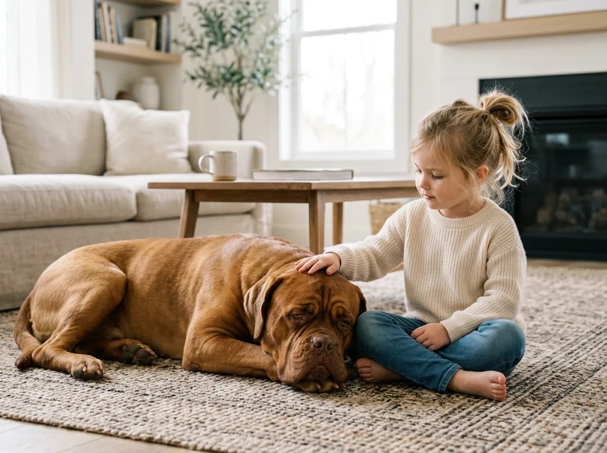 A calm adult Dogue de Bordeaux lying on a rug beside a seated child who is gently petting its head, both indoors in a bright family room, the dog rela