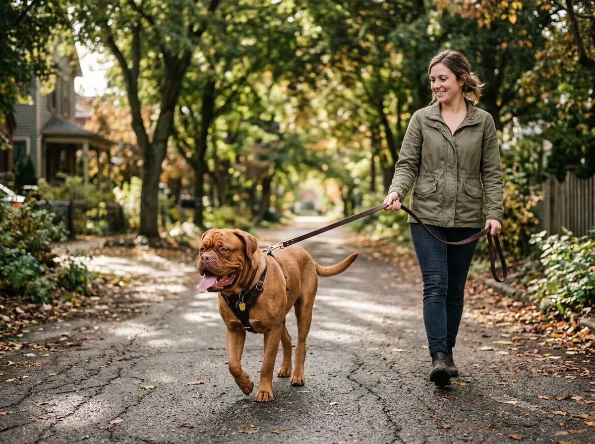 A young Dogue de Bordeaux walking on a leash beside its owner on a shaded neighborhood path in cool morning light, tongue out and relaxed
