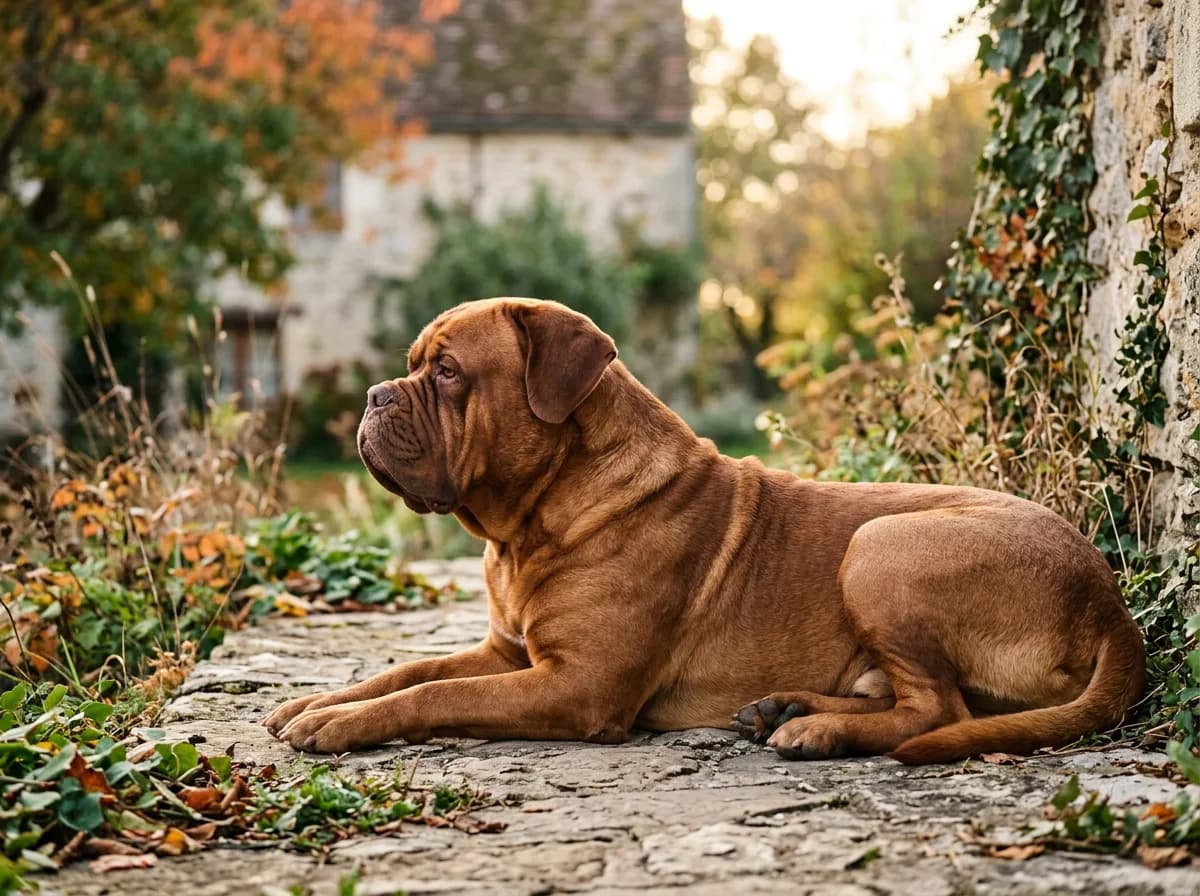 a Dogue de Bordeaux (French Mastiff) with a massive red head